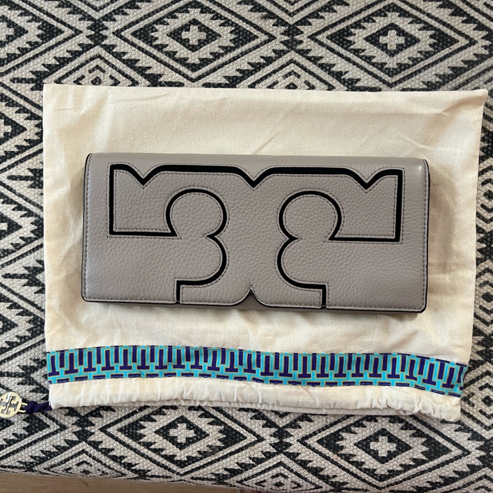 Tory Burch gray monogram leather clutch bag
